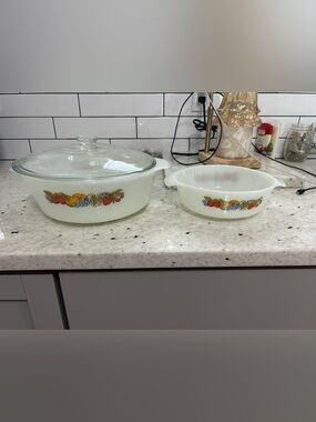 Vintage Anchor Hocking White Casserole Dishes (Fruit Harvest)